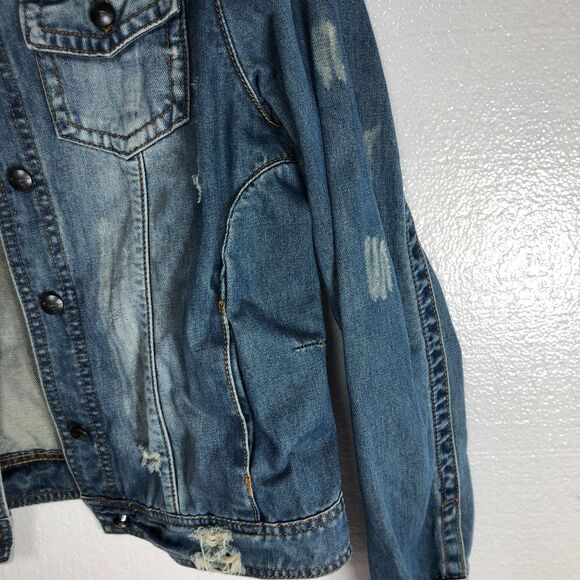 White Crow Distressed Denim Jean Jacket Fade Stars Stripes Womens Size M Boho - Picture 5 of 13